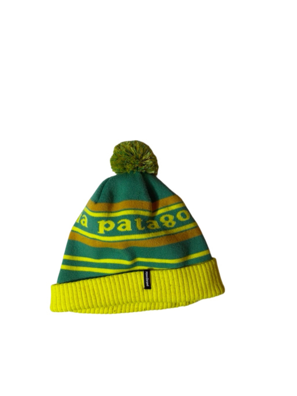 Patagonia Pom Pom Beanie One Size Green Yellow Striped Knit Ski Winter Hat